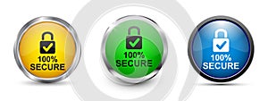 Set 100 percent secure button, concept network protection background design, protect mechanism, system privacy, cyber technology