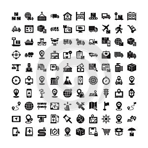 A set of 100 Shipping & Logistics icons. This set includes: boxes, logistics, transport, packages, goods, truck, delivery, shippi