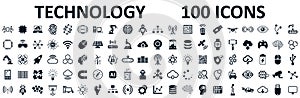 Set of 100 technology icons. Industry 4.0 concept factory of the future. Technology progress: 5g, ai, robot, iot, near field