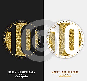 Set of 10th Happy anniversary cards template with gold elements.