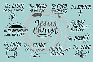Set of 11 Hand lettering christian quotes about Jesus Christ. Savior. Door. Good Shepherd. Way, truth, life. Alpha and Omega. Lamb