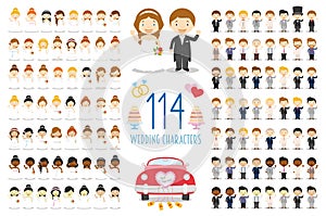 Set of 114 wedding characters and nuptial icons in cartoon style