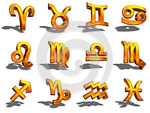 Set of 12 3D signs of the Zodiac in Gold metal texture