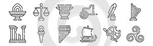 Set of 12 ancient greece icons. outline thin line icons such as pattern, trireme, torch, ink, amphora, law