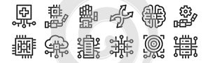 set of 12 artificial intelligence icons. outline thin line icons such as database, network, cloud computing, artificial