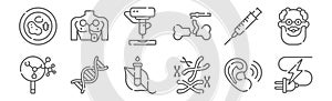 Set of 12 bioengineering icons. outline thin line icons such as electricity, chromosome, dna, injection, d printer, monitoring