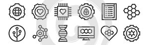 set of 12 bioengineering icons. outline thin line icons such as engineering, bond, structure, research, nanotechnology,