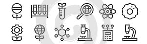 Set of 12 bioengineering icons. outline thin line icons such as microscope, microscope, global, atom, test tube, test tubes