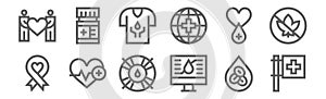 Set of 12 blood donation icons. Outline thin line icons such as hospital, monitor, heartbeat, blood donation, t shirt, medicine
