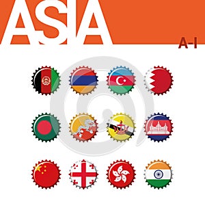 Set of 12 bottlecap flags of Asia A-I. Set 1 of 4