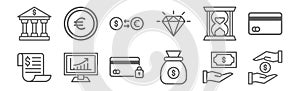 Set of 12 business finance icons. outline thin line icons such as charity, money bag, tv monitor, hourglass, exchange, coin