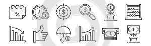 Set of 12 business finance icons. outline thin line icons such as growth, graph, like, growth, target, time