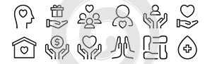 Set of 12 charity icons. outline thin line icons such as blood donation, praying, donation, support, people, donation