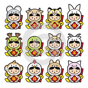 Set of 12 chinese zodiac with cute kids wear zodiac costume.