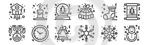 Set of 12 christmas icons. outline thin line icons such as snowman, snowflake, clock, sock, christmas ball, candle