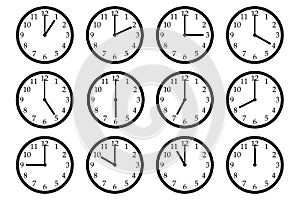 Set of 12 clock icons, showing different times.