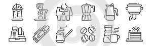 Set of 12 coffee icons. outline thin line icons such as cake, coffee beans, cinnamon, percolator, take away, syphon