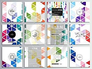 Set of 12 creative cards, square brochure template design. Abstract colorful business background, modern stylish