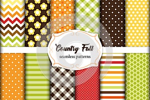 Set of 12 cute seamless Country Fall patterns with primitive flowers, polka dots, stripes, chevron and plaid