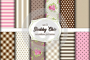 Set of 12 cute seamless Shabby Chic patterns with roses, polka dots. stripes and plaid