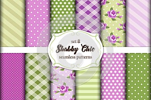 Set of 12 cute seamless Shabby Chic patterns with roses, polka dots. stripes and plaid