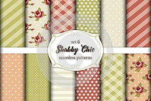 Set of 12 cute seamless Shabby Chic patterns with roses, polka dots. stripes and plaid