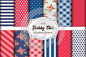 Set of 12 cute seamless Shabby Chic patterns with roses, polka dots. stripes and plaid