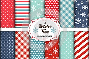 Set of 12 cute seamless Winter Time patterns with traditional ornaments