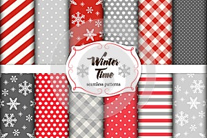 Set of 12 cute seamless Winter Time patterns with traditional ornaments