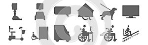 Set of 12 disabled people assistance icons. outline thin line icons such as lift, disabled, bus, dog, help, car