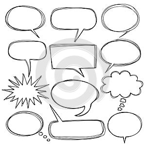 Set of 12 doodle speech bubble shapes isolated on a white background, in a hand drawn style
