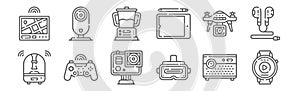 set of 12 electronic devices icons. outline thin line icons such as smartwatch, vr glasses, game controller, drone, blender,
