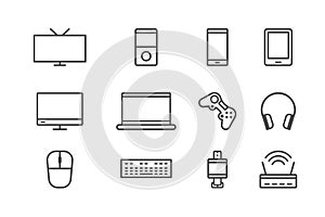 Set of 12 electronic devices. Vector flat style black icons. TV, MP3, Smartphone, gamepad, smart watch and other gadgets. Vector