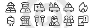 Set of 12 emergencies icons. outline thin line icons such as emergency, ill, building, police car, ambulance, police officer