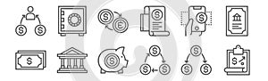 Set of 12 finance icons. outline thin line icons such as clipboard, peer to peer, bank, handphone, money currency, safe box