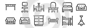 Set of 12 furnitures icons. outline thin line icons such as ceiling light, divan, sofa bed, double bed, table, desk chair