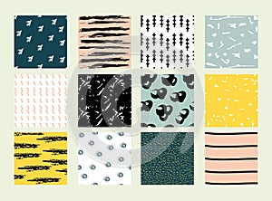 Set of 12 hand drawn trendy patterns with ink brush strokes. Collection of colorful backgrounds of simple primitive patte