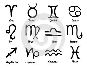 Set of 12 hand drawn zodiac signs. Black astrological symbols