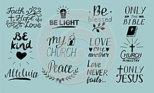 Set of 12 Hand lettering christian quotes Only Jesus. Love one another. Church ministry. Alleluia. Be light. Bible. Faith, hope. P