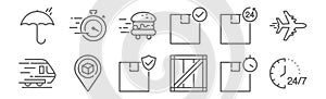 Set of 12 logistics and shipping icons. outline thin line icons such as hours delivery, cargo box, pin, hours delivery, food