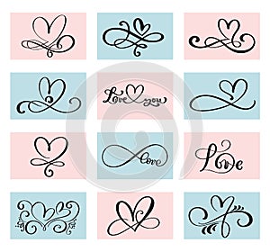 Set of 12 lovers heart. Handmade vector calligraphy. Decor for greeting card for Valentines Day, mug, photo overlays, t-shirt prin