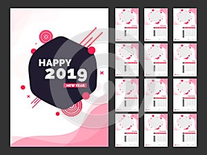 Set of 12 months, Happy New Year calendar design for 2019 with p
