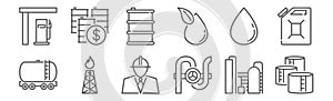 Set of 12 oil and petroleum industry icons. outline thin line icons such as oil tank, faucet, petrol pump, oil, barrel, price