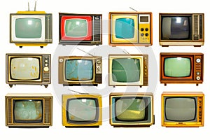 Set of 12 old vintage TV receivers isolated on white background. Concept of nostalgia