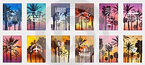 A set of 12 options for posters with palm trees. For all occasions to relax. For advertising, sales, discounts, super offers.