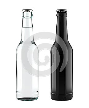 A Set of 12 oz Clear Glass and Black Bottles for Beer, Soda, Cola, Water or Other Drinks for Accurate Work with Light and Shadows.