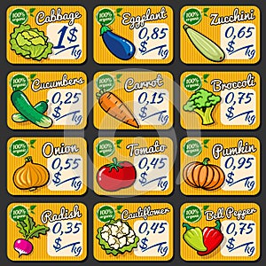 Set of 12 price tags for organic vegetables on an orange background