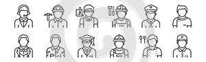 set of 12 profession avatar icons. outline thin line icons such as delivery courier, construction worker, soldier, policeman,