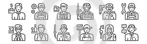 set of 12 professions and occupation icons. outline thin line icons such as customer service, cleaning staff, waiter, police,