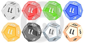 Set of 12 sided die, dodecahedron dice, various colors. 3D rendering